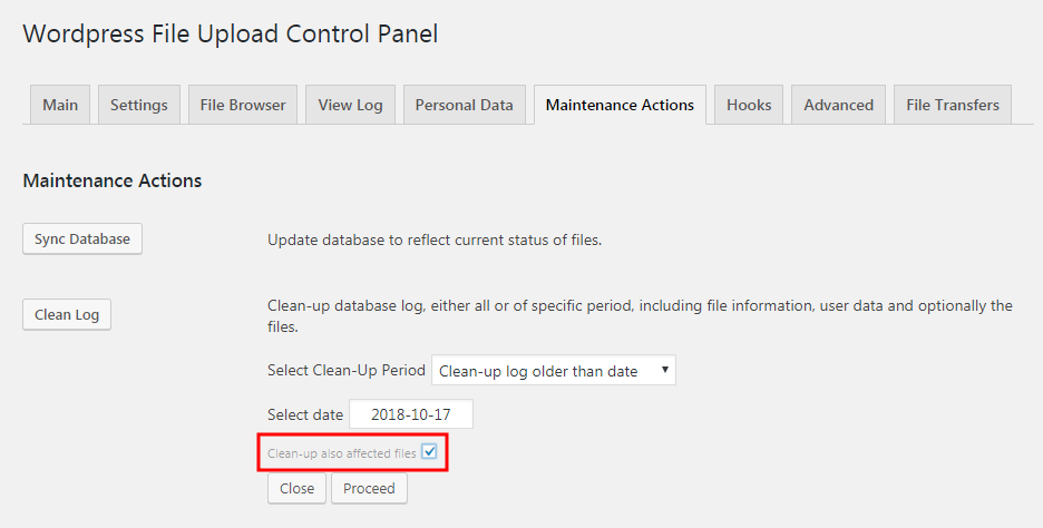 Screenshot WordPress File Upload Control Panel