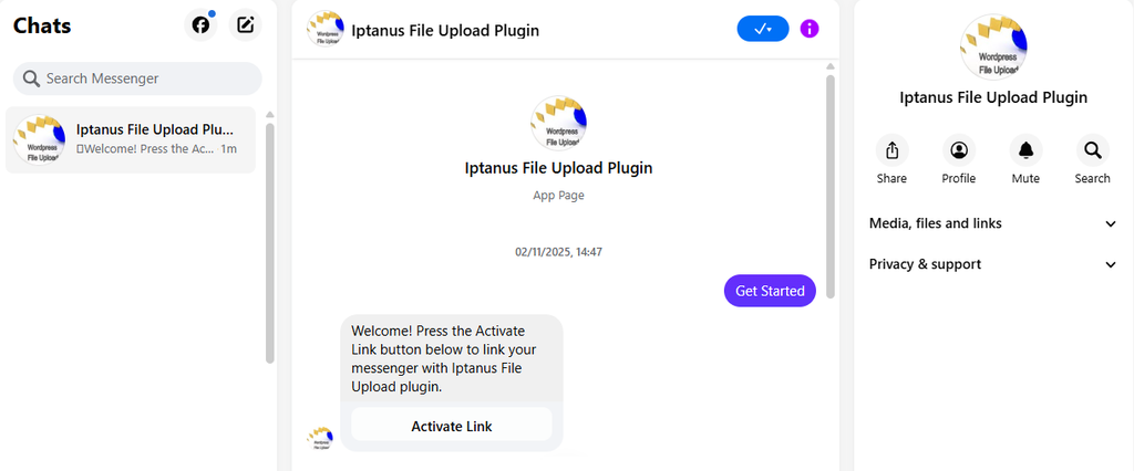 The welcome message in Messenger, with the Activate Link button below it