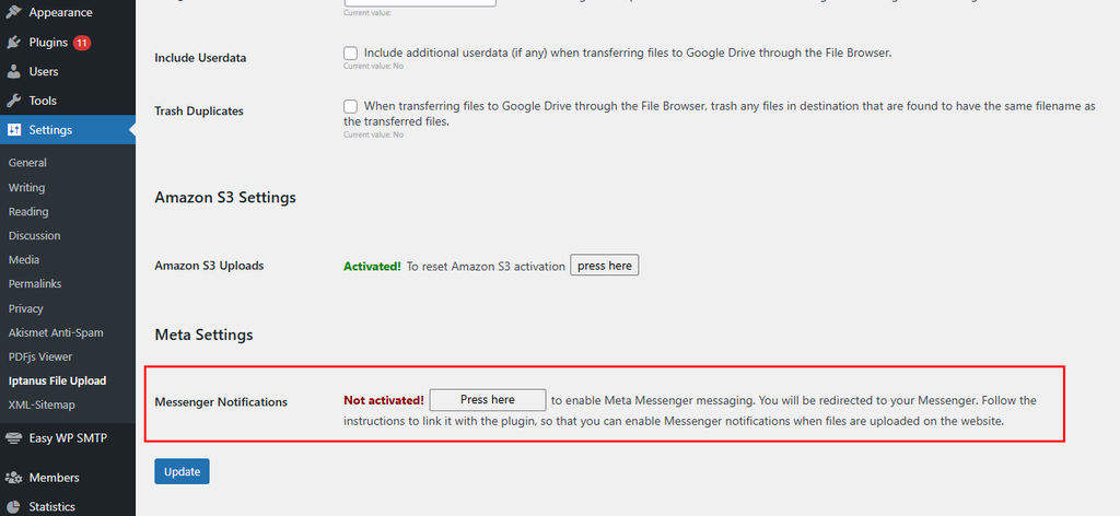 Messenger Notifications in the plugin Settings, showing Not activated and the Press here button