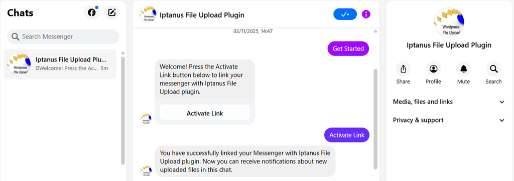 Messenger confirming that the account is now linked to the plugin