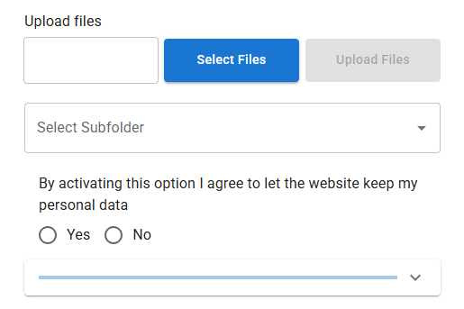 The Iptanus File Upload form as a visitor sees it: a file field with Select Files and Upload Files buttons, a subfolder chooser, a consent question, and a progress bar