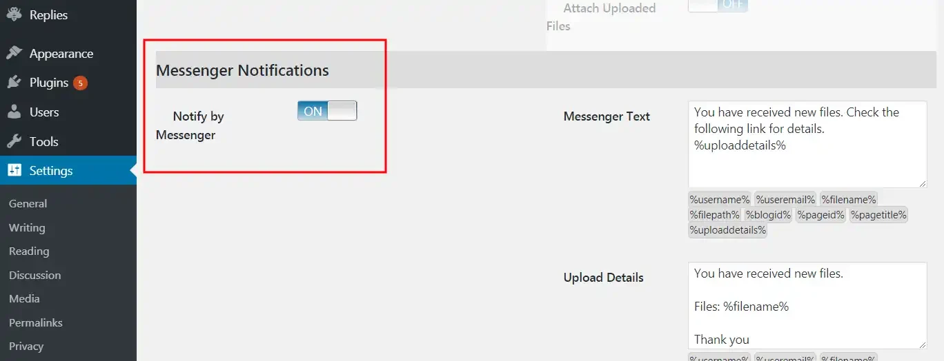 The Notifications tab with Notify by Messenger switched on